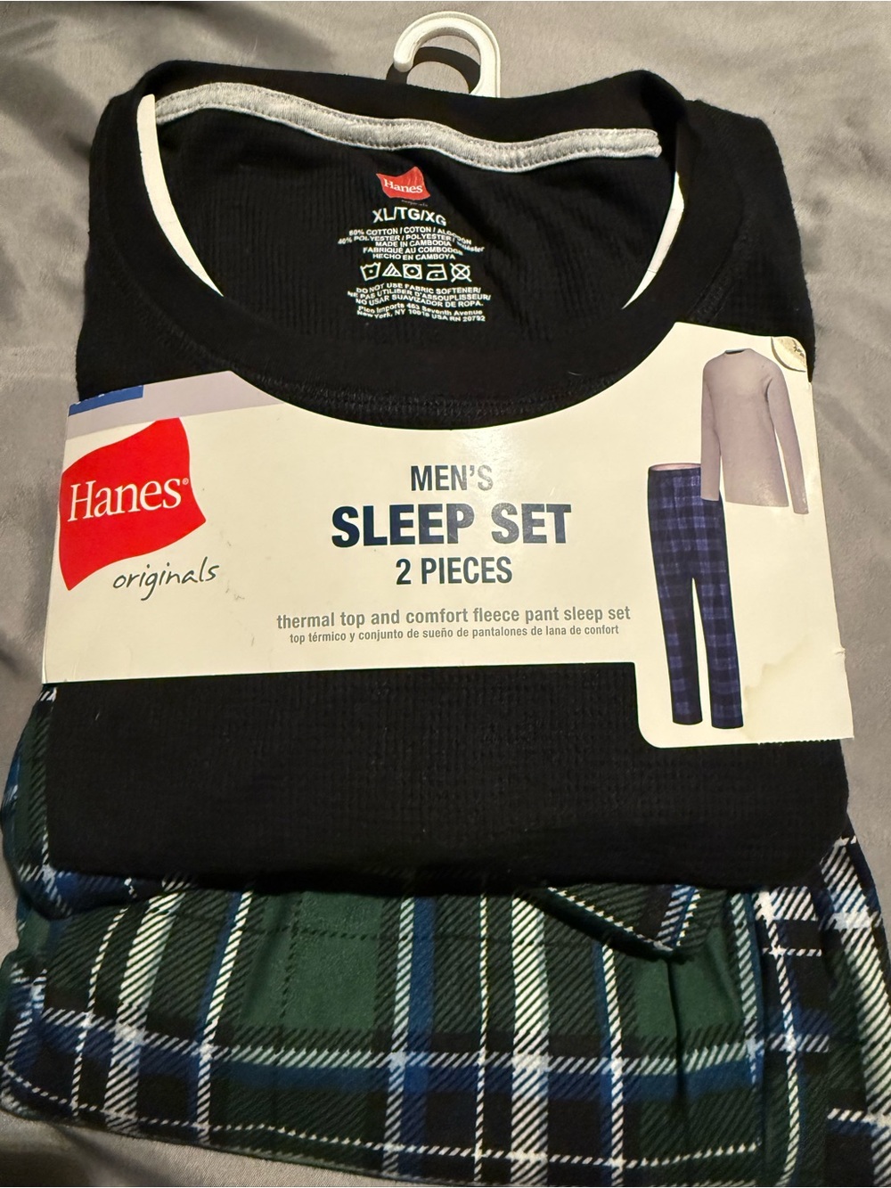 Hanes Men's Sleep Set - Black Top with Green and Blue Plaid Pants